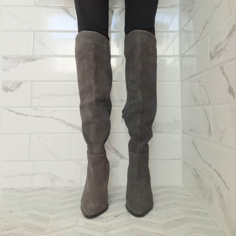 Over knee gray faux suede boots